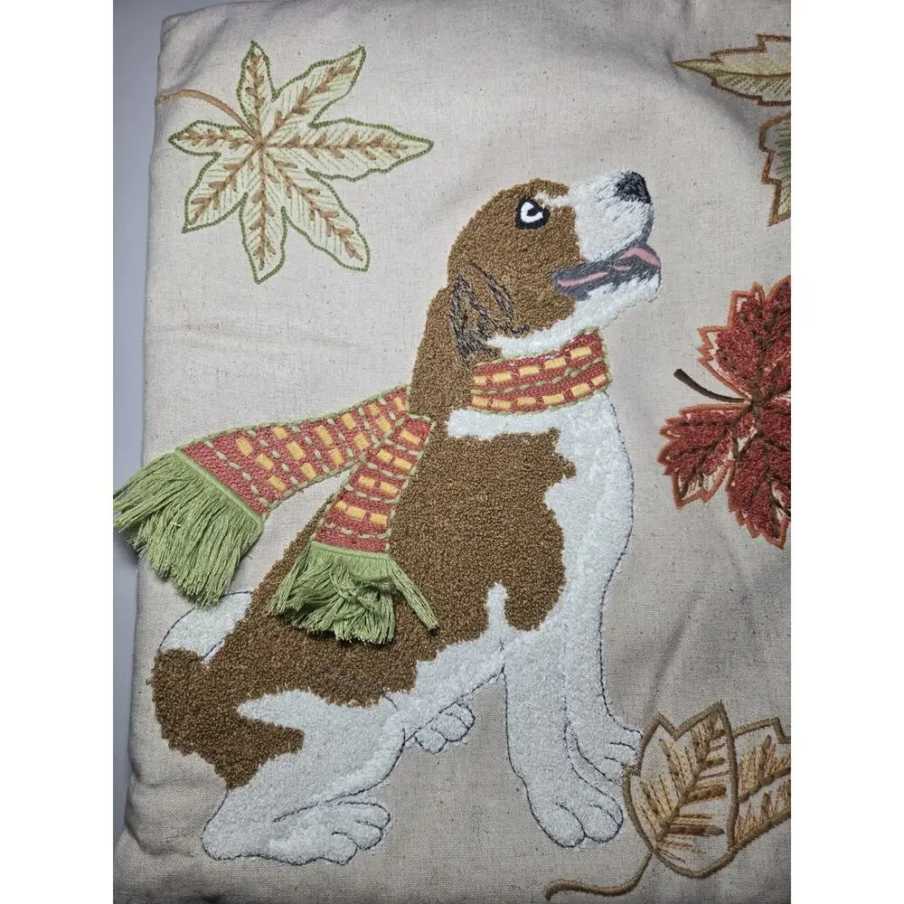 Pier 1 Embroidered Cotton Blend Square Pillow Dog with Scarf Fall Leaves 17x17in